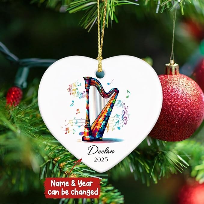 Personalized Harp Lovers Ceramic Ornament Decor, Harpist Christmas Ornaments Tree, Custom Name & Year Harp Musical Xmas Ornament Gifts for Harpist Musician, Instrument Ceramic Ornaments Xmas 2025