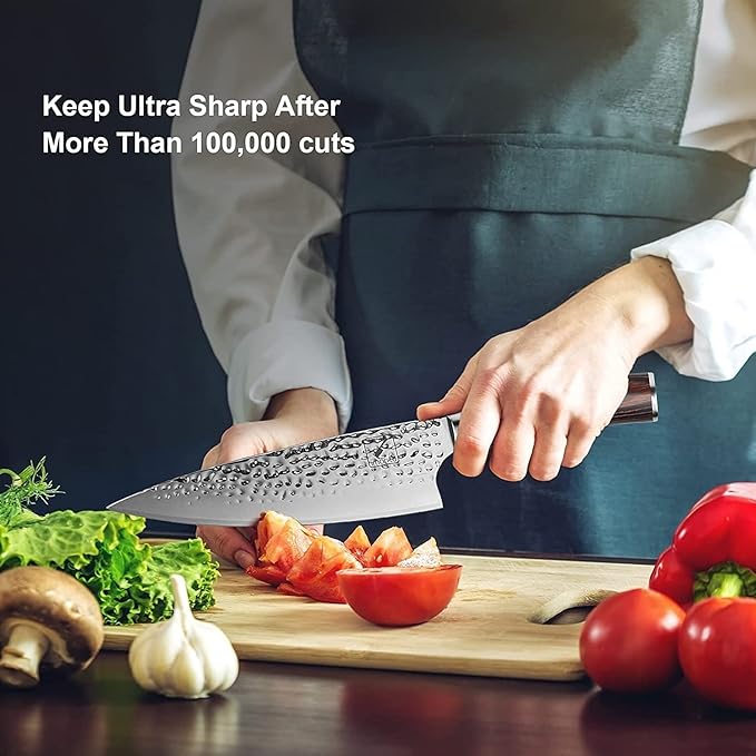 imarku Damascus Chef Knife, 8 Inch Kitchen Knife Ultra Sharp Cooking Knife HC German Stainless Steel Japanese Knife for Kitchen, Hand-Hammered Design, Ergonomic Handle, Christmas Gifts for Women Men