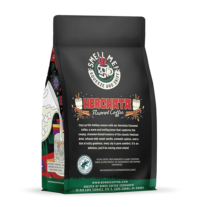 Bones Coffee Company Horchata Flavored Coffee, Medium Roast Low Acid Arabica Beans Compatible with Auto drip and French Press Coffee Maker, 12 Oz Whole Bean