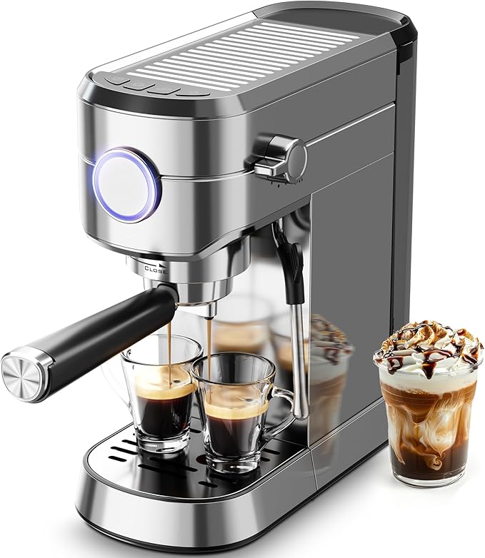 Kismile Espresso Machine, 20 Bar Espresso Maker with Milk Frother Steam Wand & 40oz Removable Water Tank, Compact Cappuccino & Latte Machine for Home, Stainless Steel