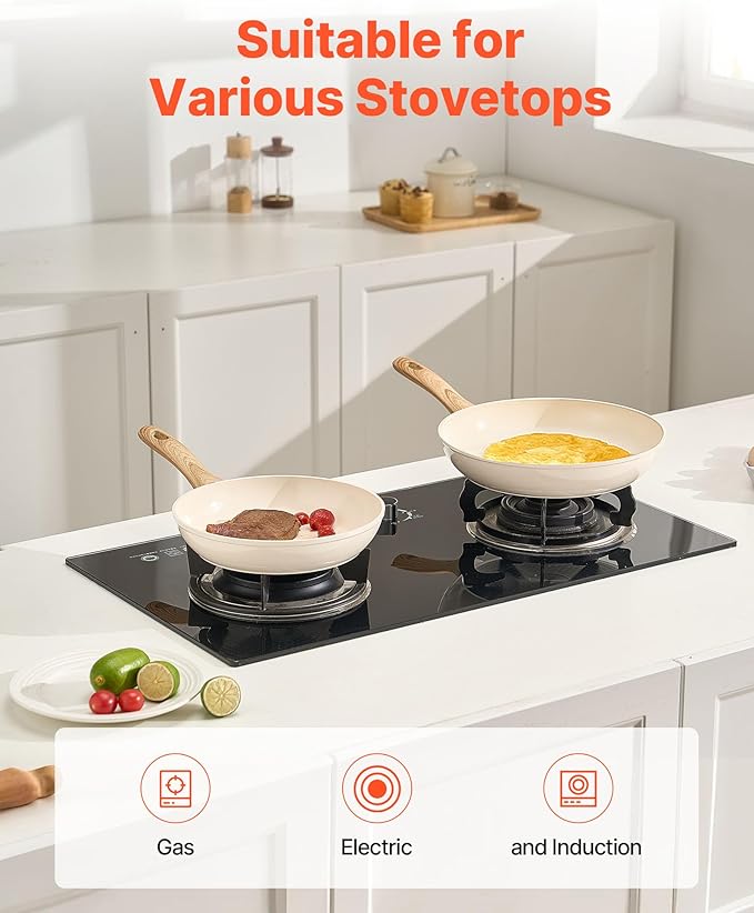 VEVOR Frying Pan Skillet, Aluminum Egg Fry Pans, 3 Piece (8, 9.5, 11 in), Nonsitck Ceramic Heavy-Duty Skillets with Heat-Resistant Handle, Chef's Kitchen Cookware for Gas, Electric, Induction, Beige