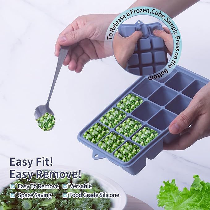 2 Tbsp Silicone Freezer Molds - Perfect for Storing Garlic, Herbs, Ginger, Pesto, Tomato Paste, Lemon Juice, Purees and More - Silicone Food Freezer Tray (Blue 4 Pack)