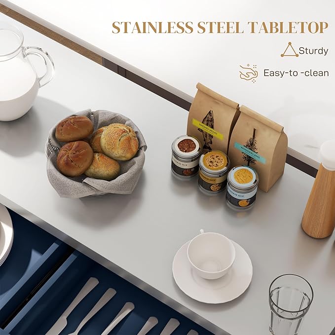 HOMCOM Rolling Kitchen Island Cart with Wheels, Portable Island Table for Kitchen with Stainless Steel Top, Adjustable Shelves, 2 Drawers, Spice, Knife and Towel Rack, Navy Blue