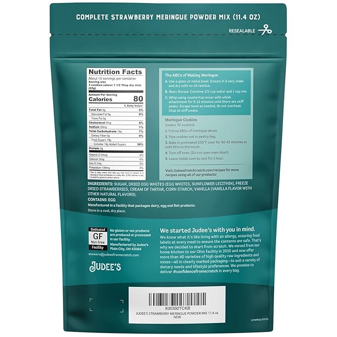 Judee's Gluten Free Complete Strawberry Meringue Powder Mix - Just Add Water - Bake Meringue Cookies & Royal Icing - Cookie Decorating & Frosting Mix - 11.4 Oz