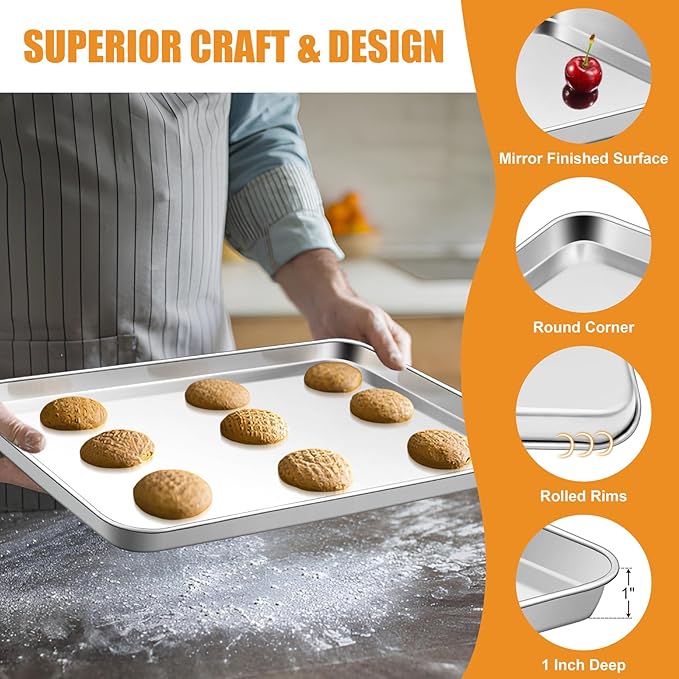 TeamFar Baking Sheet Set of 3, 16/12.5/10.5 Inch Stainless Steel Cookie Sheets Baking Pans, Metal Oven Baking Tray for Cooking Roasting Serving, Non-Toxic & Mirror Finish & Dishwasher Safe