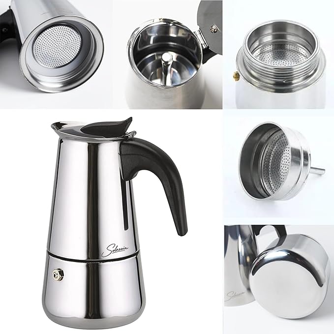 Coffee Maker 6 Cup Moka Pot Stainless Steel Percolator coffee pot Espresso Maker, Compatible with Gas, Electric, Ceramic, and Induction stovetops(10 fl oz/300 ml)