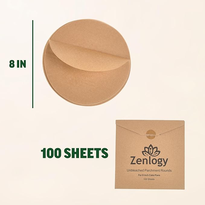 Zenlogy 8 Inch Parchment Paper Rounds (100 Sheets) - Unbleached, Pre-cut, High Heat, Round Liners - Fits 8 inch Round Cake Pans or Great for Freezing, Storing, and Separating