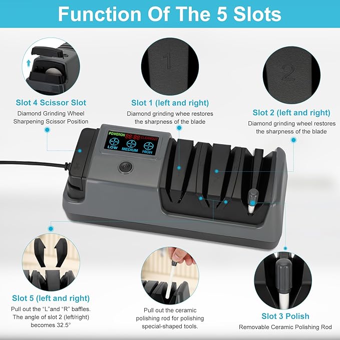5 in 1 Electric Knife Sharpener with LCD Screen, 3 Rotational Speed Adjustable, 100% Diamond Abrasives, Electric Knife Sharpener for Straight, Serrated, Meat Cleaver, Ceramic Knives & Scissors, Gray