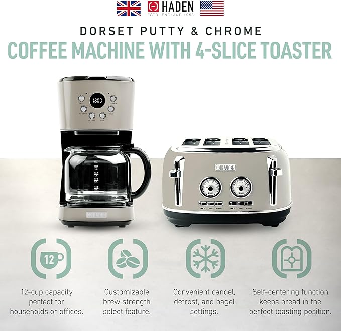 Haden 12 Cup Programmable Drip Coffee Maker Coffee Machine Bundled with Dorset 4 Slice Wide Slot Stainless Steel Toaster, Putty & Chrome