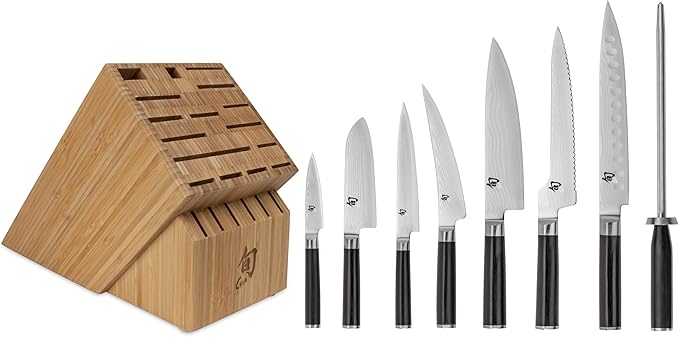 Shun Classic 9 Piece Chef’s Block Set, Includes 7 Shun Classic Knives, Honing Steel and 22-Slot Knife Block, Handcrafted Japanese Knife Set, Damascus Stainless Steel Cladding, Pakkawood Handle