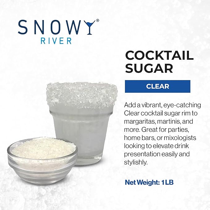 Snowy River Clear, Cocktail & Margarita Sugar Rimmer - Vibrant Color Glass Rimming Sugar with Medium Crystal Texture - 16oz