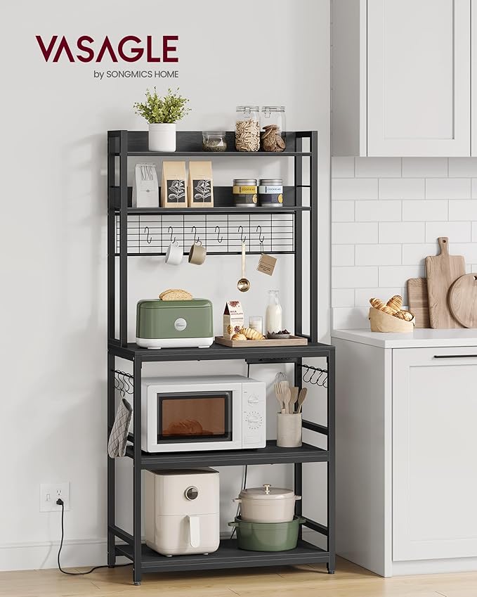 VASAGLE Hutch Bakers Rack with Power Outlet, 14 Hooks Microwave Stand, Adjustable Coffee Bar with Metal Wire Panel, Kitchen Storage Shelf, 15.7 x 31.5 x 66.9 Inches, Charcoal Gray and Ink Black