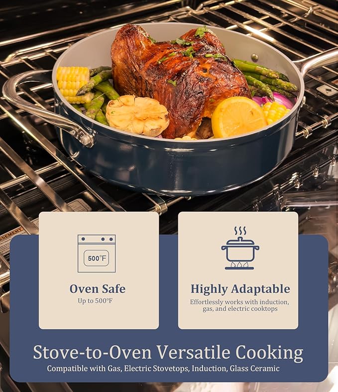 Nonstick Ceramic Frying Pan 8" for All Cooktops, PTFE/PFOA/PFAS Free, Even Heat Distribution Oven Safe up to 500°F, Healthy Non Toxic Skillet w/Ergonomic Stainless Steel Handle, Navy Blue