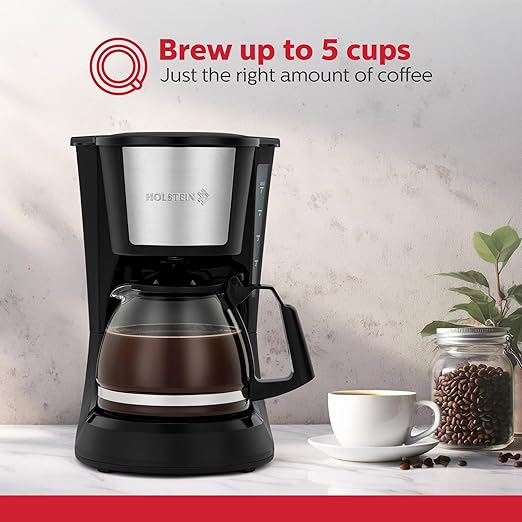 Holstein Housewares 5 Cup Drip Coffee Maker – Compact and User-Friendly with Auto Pause & Serve, Reusable Filter, Measuring Spoon & Glass Carafe, Office & Dorm Use, Black
