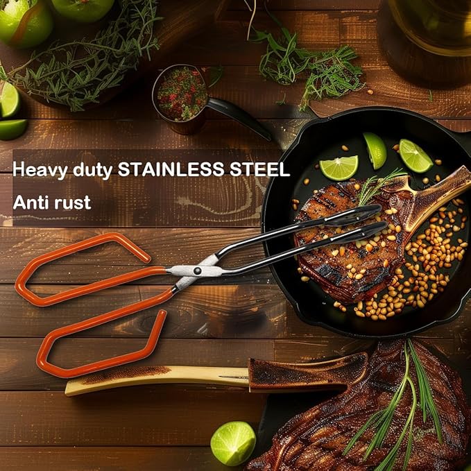 Stainless Steel Scissor Tongs, Heavy Duty, Kitchen Tongs for Food Cooking Barbecue BBQ Grilling and Serving 2pcs Orange