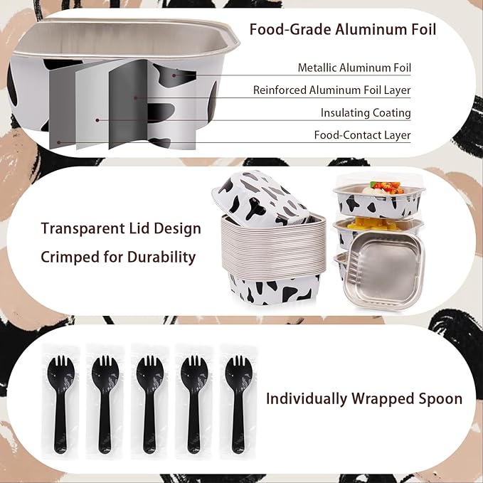 FORBFAN 150 Pcs Mini Square Baking Cups with Lids, 8 oz Mini Aluminum Cake Pans, Small Baking Tins Cow Print