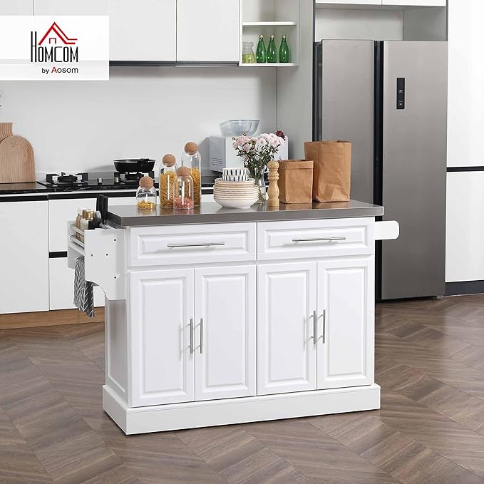 HOMCOM Rolling Kitchen Island Cart with Wheels, Portable Island Table for Kitchen with Stainless Steel Top, Adjustable Shelves, 2 Drawers, Spice, Knife and Towel Rack, White