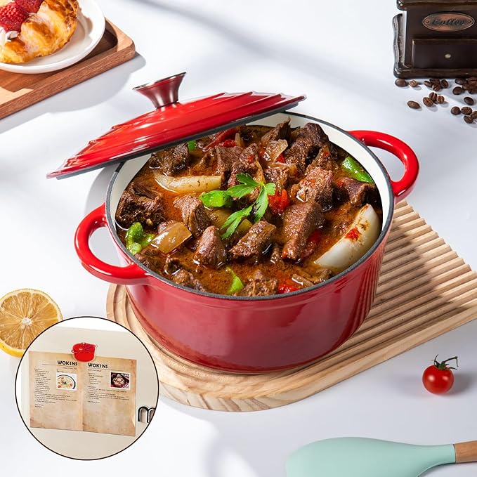Enameled Cast Iron Dutch Oven Pot with Lid Heavy-Duty Cookware for Bread Baking, Braising, Stews, Roasting,4QT，red