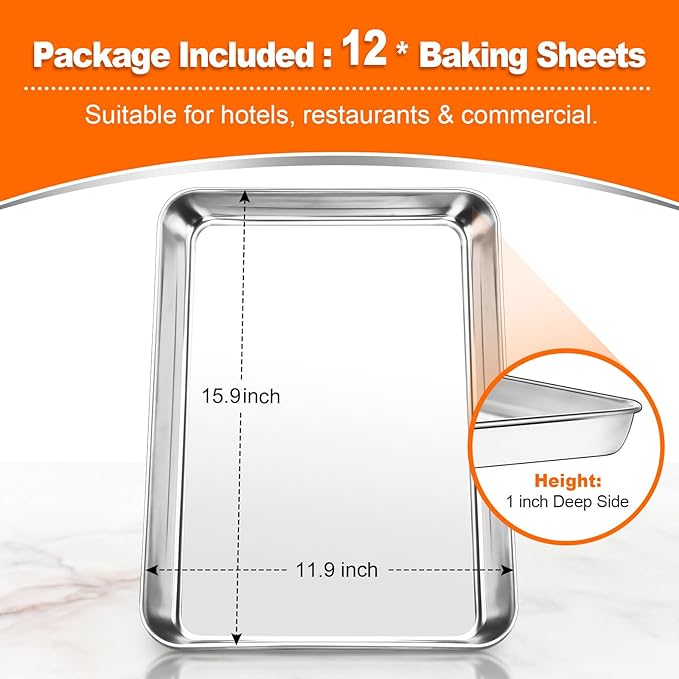 CEKEE Baking Sheet Set of 12, Stainless Steel 16 Inche Cookie Sheets for Baking, Baking Sheet Pan Toaster Oven Tray, Jelly Roll Pan, Warp Resistant & Heavy Duty, Size 16 x 12 x 1 Inches