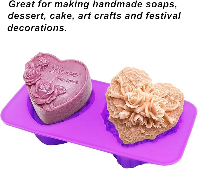 Rose Silicone Molds, AITRAI 4 Types 3D Rose Heart Silicone Molds Heart Soap Molds for Soap Making Cake Candle Chocolate Dessert Handmade Gift for Graduation Wedding Birthday, Purple