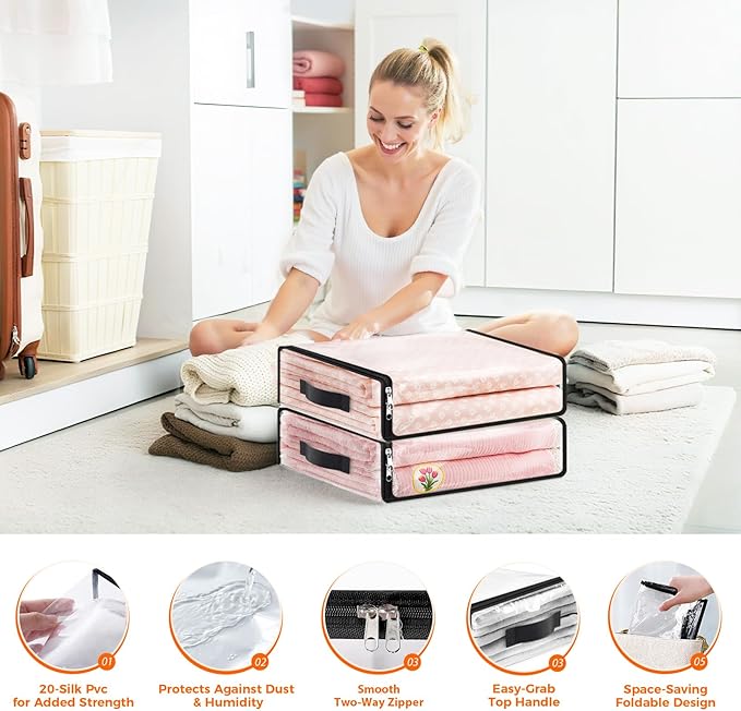 SpaceWhisper 10 Pack Clear Storage Bags, Plastic Blanket Storage Bags with Zipper and Handle, Moving Bags for Comforter, Bedding & Clothes, Closet Organizer and Under Bed Storage (15.7x13.8x3.9 Inch)