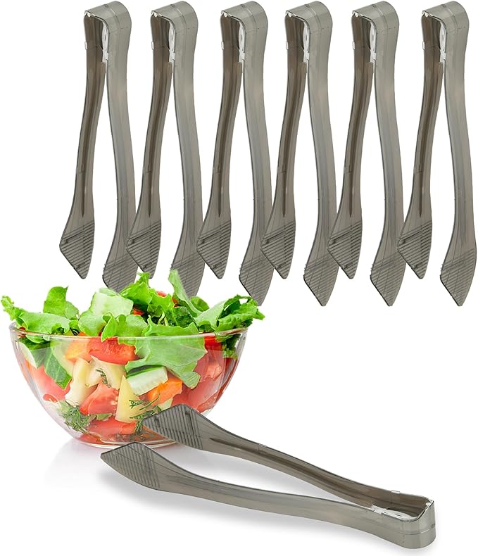 PARTY BARGAINS 8.5 Inches Plastic Serving Tongs, 6 Pack, Premium Quality & Heavy-Duty Silver Plastic Tongs for BBQ, Salads, Grilling, Buffets, & Kitchen