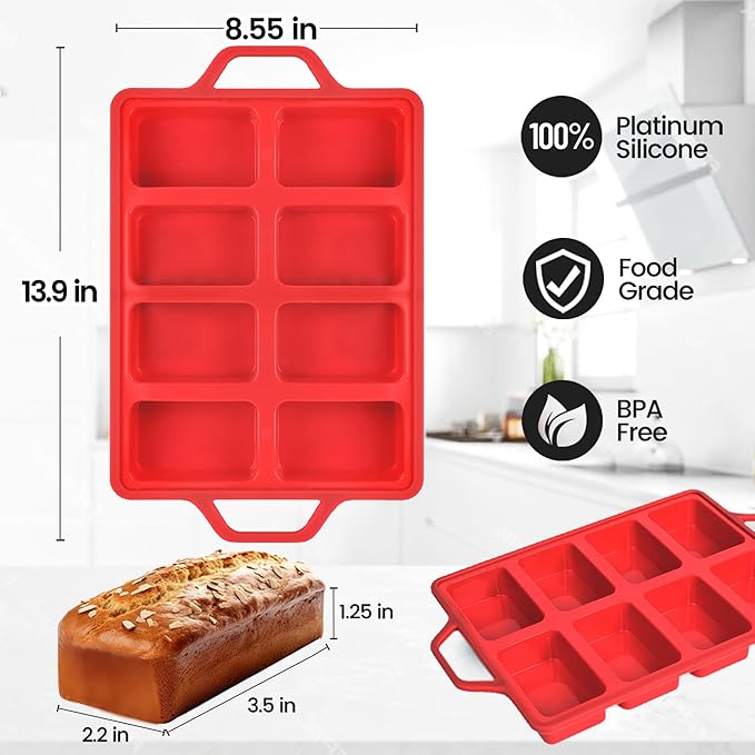 Mini Loaf Pan Silicone, Metal Reinforced Silicone Mini Bread Loaf Pan Nonstick Cornbread Pan 8 Cavities Small Loaf Pans for Baking Bread, Loaf, Meatloaf, Brownie, Butter 1Pack Red