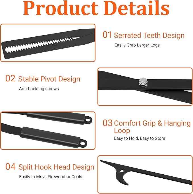 GARVIN Heavy Duty Fire Tongs & Poker Set, 27.7" Long-Handle Carbon Steel Log Grabber with Serrated Grip, Fire Tools Sets For Fire Pit & Fireplace, Wood Stoves, Campfires, Bonfires & BBQ Grills