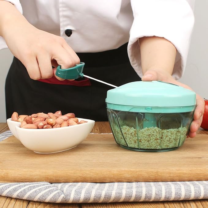 Ourokhome Manual Food Processor Vegetable Chopper, Portable Hand Pull String Garlic Mincer Onion Cutter for Veggies, Ginger, Fruits, Nuts, Herbs, etc., 500ml, Blue