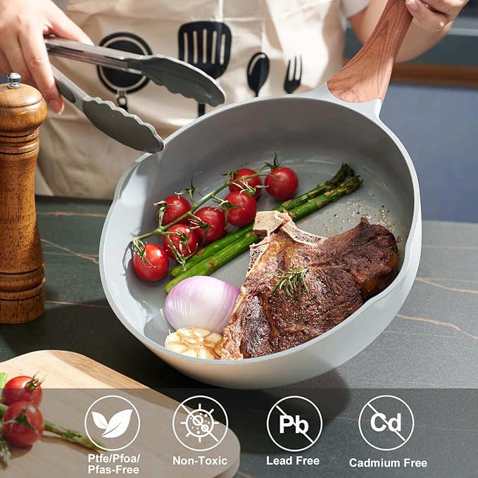 Nonstick Frying Pans With Lid, 11 Inches Skillets Deep Frying Pan Non stick, Ceramic Frying Pans With Pour Spout, Non Toxic Frying Pan for Stove, Induction, Gas, PB/CD/PFOA Free (White,11 Inches)