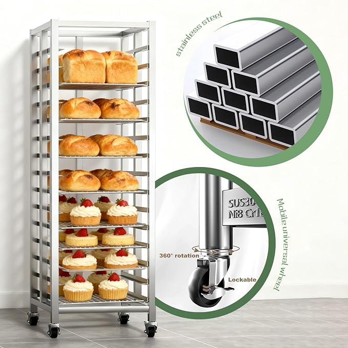 Bun Pan Rack, Commercial Bakery Sheet Rack with Brake Wheels, 20-Tier Stainless Steel Baking Tray Food cart ，for Bakeries Restaurant & Catering（Trays Not Included） ﻿ (20 Tier)