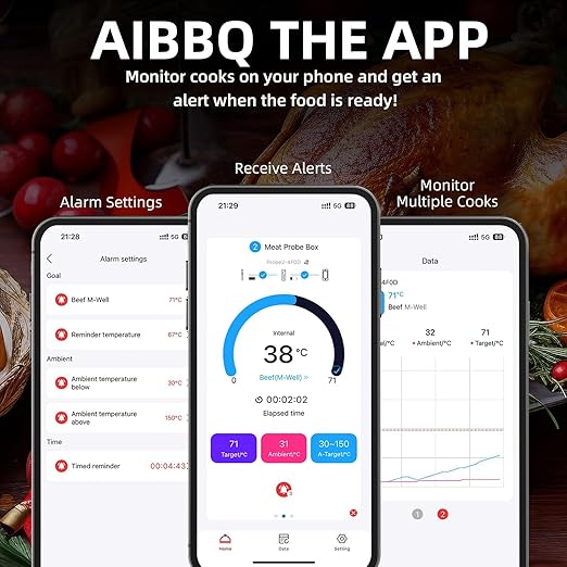 Wireless Smart Meat Thermometer with Bluetooth | Long Range | Measures Internal & Ambient Temp | for BBQ, Oven, Grill, Kitchen, Smoker, Rotisserie (DEEP Black)