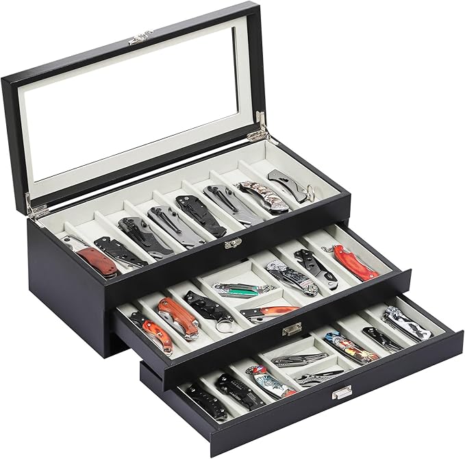 AUTOARK 3-Tier PU Leather & Velvet Knife Organizer with 26 Slots,Transparent Glass Top & Drawer,Compact Storage for Pocket Knives,Ideal for Men's Collections & Gifts,Black,MKAW016