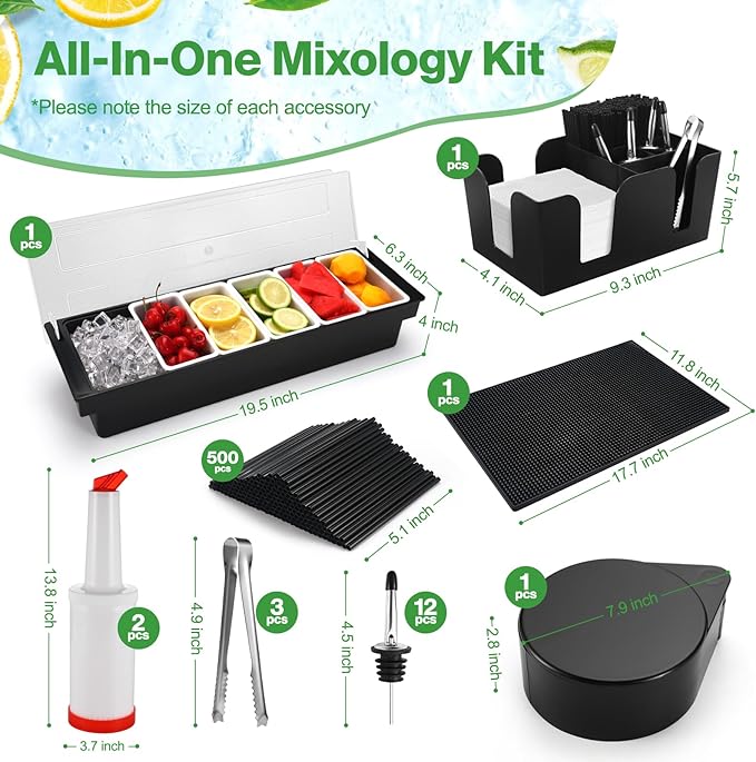 Bartending Supplies - 18" x 12" Bar Mat Garnish Tray with Lid Bar Caddy 3 Tier Bar Glass Rimmer, 2 Plastic Juice Pour Bottles 3 Mini Tongs 12 Classic Liquor Bottle Pourers 500 Cocktail Straws(Black)