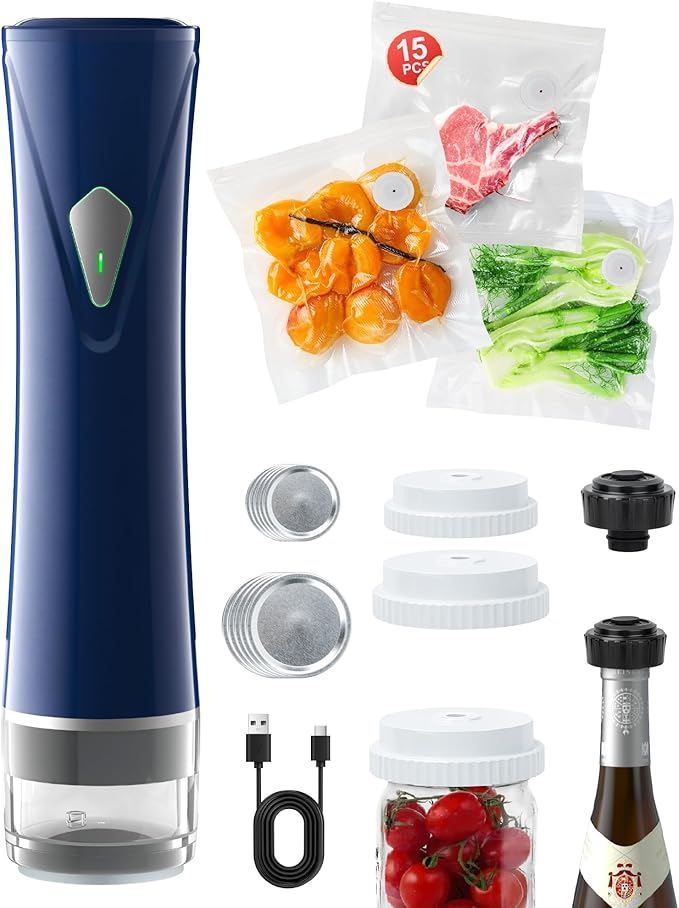 Compact Vacuum Sealer for Food with Bags & Mason Jar Kit, Saver 5X Fresh Longer, 15PCS Reusable Bags, Wide and Regular Mouth Kits, Wine Stopper for Kitchen Fridge Travel Seal Meal
