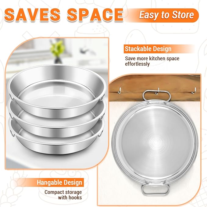 BEWOS 103 Pcs 7.4" Round Cake Pans - Nonstick Stainless Steel Cake Pans with 100 Pcs Parchment Paper, Non-Toxic Cake Baking Pans with Handles, Mirror Finish & Dishwasher Safe