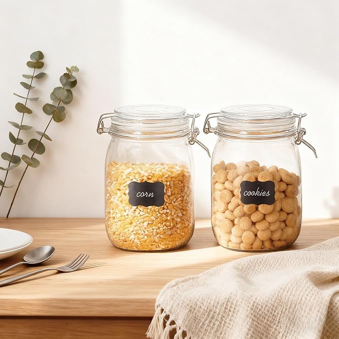Glass Kitchen Storage Canister Mason Jars with Lids,32oz Airtight Glass Canister with Hinged Lid，Perfect for Kitchen Canning Cereal,Pasta,Sugar,Beans (Labels & Chalk Marker)-Set of 4
