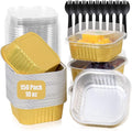 FORBFAN 150 Pack Mini Cake Pans with Lids and Spoons, 10 oz Aluminium Foil Square Brownie Baking Cups, Disposable Ramekins Cupcake Tins