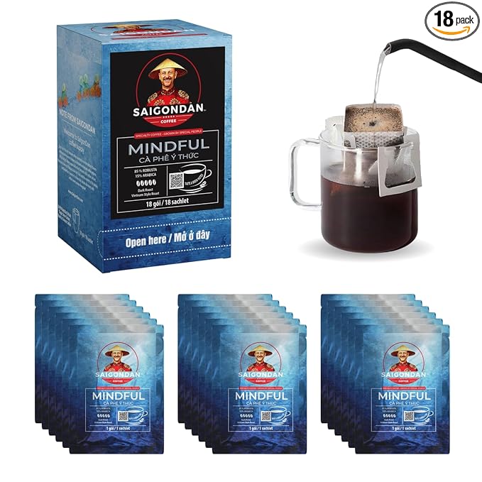 Pour Over Vietnamese Coffee – Saigondan Mindful | Dark Roast | Robusta & Arabica Blend | Instant Specialty Coffee | Small Batch Roasted | Direct Trade | 18 Sachets