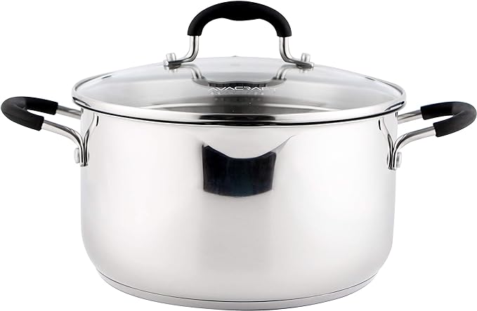 AVACRAFT Stainless Steel Stockpot with Glass Strainer Lid, 6 Quart Stock Pot, Soup & Saucepan Cookware, Side Spouts, Multipurpose, Induction Pan, (5-Ply Capsule Bottom, 6QT)