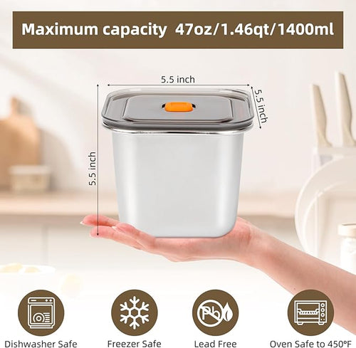 2 PCS Stainless Steel Food Storage Containers(47oz) with Lids Leak Proof & Airtight | Square Stainless steel freezer Containers,For Meal Prep,Fruit,Snack,Freezer