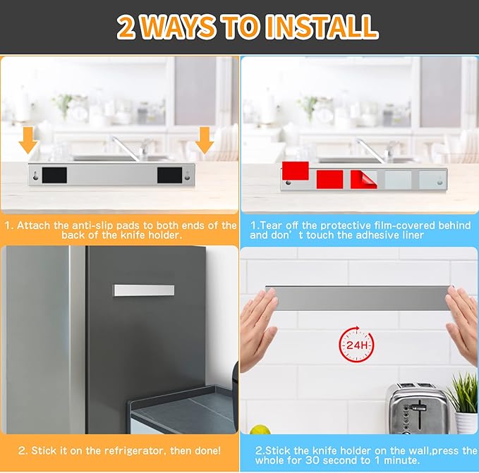 Ninonly 10 Inch Magnetic Knife Holder for Refrigerator, Stainless Steel Double Sided Magnet Knife Strip for Wall, No Drilling Magnetic Knife Rack with Powerful Magnetic Pull Force Fridge Applicable