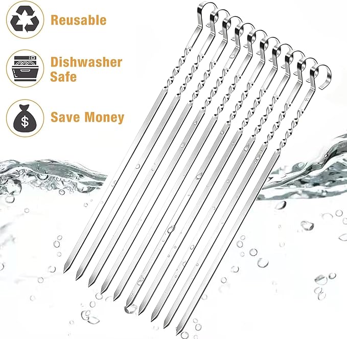 15.2" Kabob Skewers for Grilling, 40 Pack Metal BBQ Skewers - Reusable for Meat, Vegetable, Seafood & More