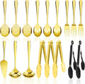 17PCS Serving Utensils Set Flatware, Stainless Steel Serveware Large Serving Spoons, Slotted Spoons, Forks, Tongs, Cake Server,Soup and Skimmer Spoon for Buffet, Catering, Party, Dinner (Gold)