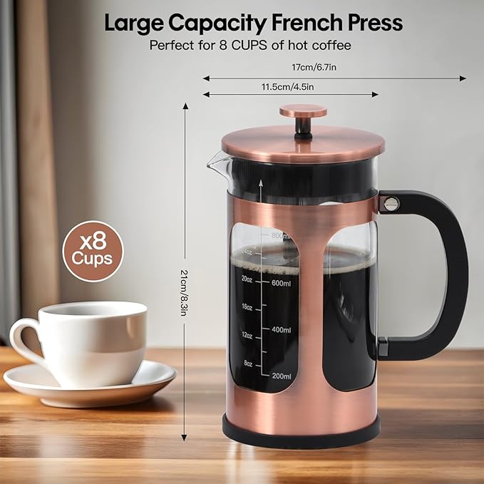 Panana French Press Coffee Maker 34oz Coffee Press, Cold Brew Coffee Tea Pot for Travel, Heat Resistant Thickness Borosilicate Glass French Press (230C-Copper)