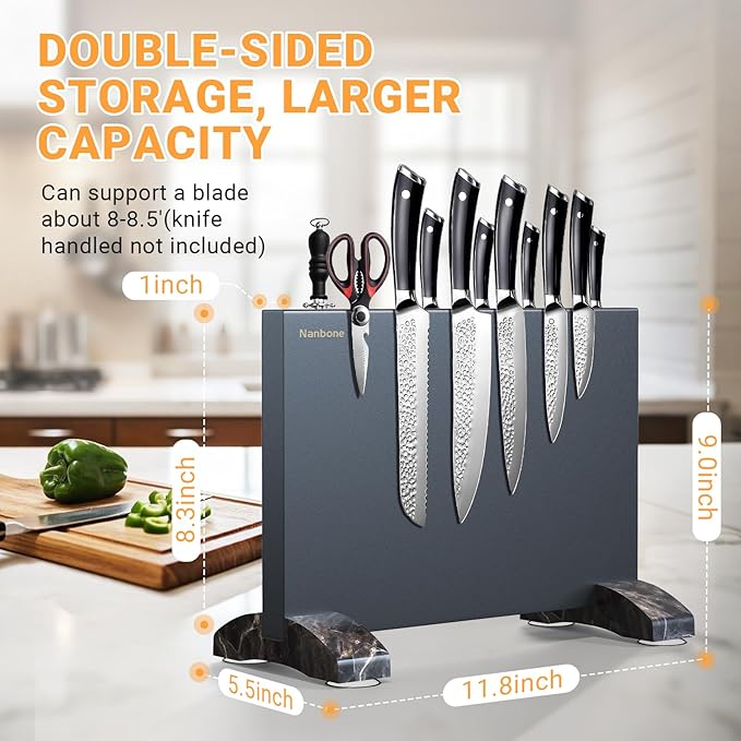 Magnetic Knife Block Without Knives, Black Stainless Steel Magnetic Knife Holder Stand with Strong Knife Magnet Double Side Knife Magnetic Strip Knife Storage Organizer for Kitchen Counter Top