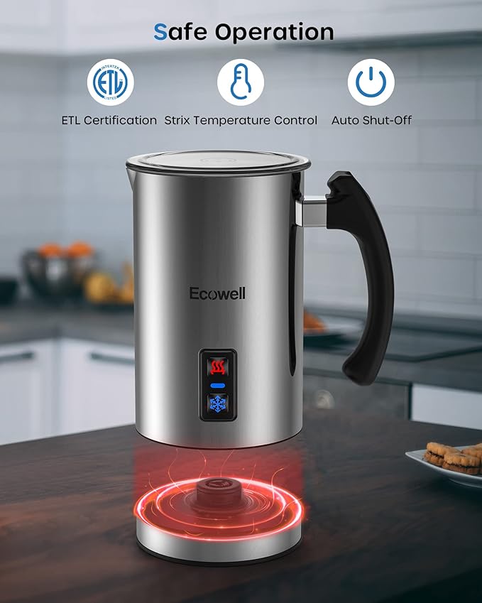 ECOWELL Milk Frother, Coffee Frother Electric, Automatic Hot and Cold Foam Frother, Stainless Steel Milk Steamer and Frother for Latte, Macchiato, Cappuccinos 8.1oz/240 ml Silver, WMMF02