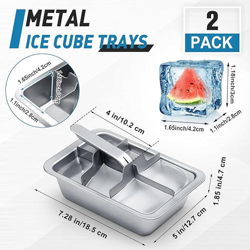 2 Pcs 6 Slot Stainless Steel Ice Cube Maker and Tray Ice Cube Tray for Bars Kitchens Levers Remove Cubes Easy Removal Metal Food Grade Freezer Molds for Food Juice Dishwasher Safe