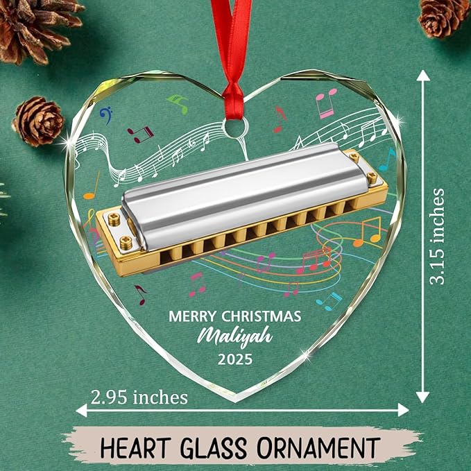 Customized Harmonica Glass Keepsake Ornament, Personalized Text Year Name Harmonica Player Xmas Ornaments Gift for Husband Wife Dad Mom, Unique Harmonicas Glass Christmas Ornament for Appreciation
