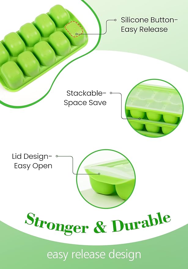 DOQAUS Ice Cube Tray with Lid and Bin, 4 Pack Easy Pop Out Silicone Ices Cubes Trays for Freezer with Cover, Stackable Compact Ice Bucket Kits, for Soup, Food, Cocktail, Coffee